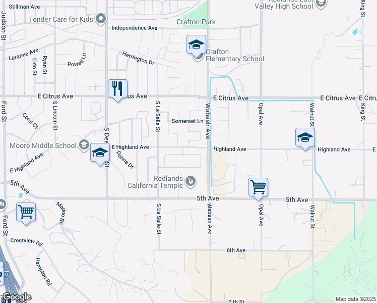 map of restaurants, bars, coffee shops, grocery stores, and more near 1749 Parkview in Redlands