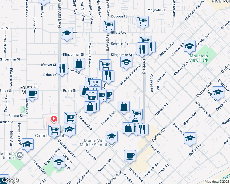 map of restaurants, bars, coffee shops, grocery stores, and more near 2052 Mountain View Road in El Monte