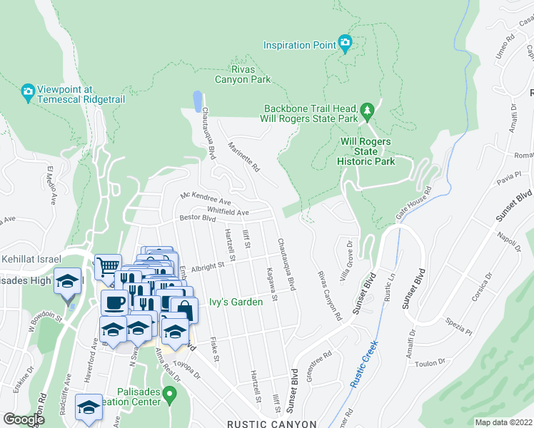 map of restaurants, bars, coffee shops, grocery stores, and more near 14607 Bestor Boulevard in Los Angeles