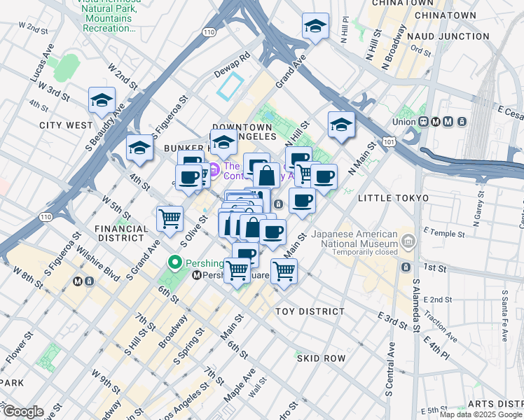 map of restaurants, bars, coffee shops, grocery stores, and more near 245 South Broadway in Los Angeles