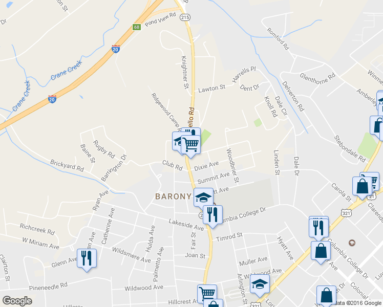 map of restaurants, bars, coffee shops, grocery stores, and more near 5200 Monticello Rd in Columbia