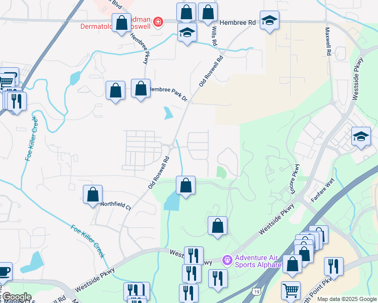 map of restaurants, bars, coffee shops, grocery stores, and more near 1074 Heyward Way in Alpharetta