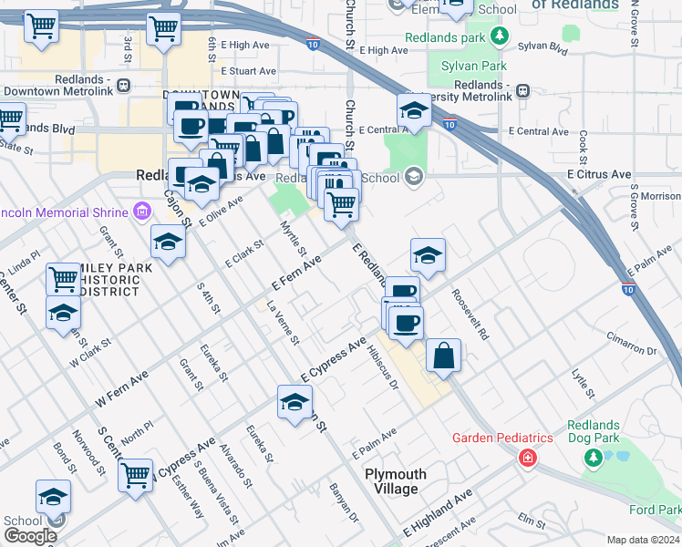 map of restaurants, bars, coffee shops, grocery stores, and more near 254 East Fern Avenue in Redlands