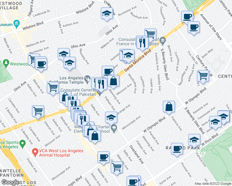 map of restaurants, bars, coffee shops, grocery stores, and more near 1907 Parnell Avenue in Los Angeles