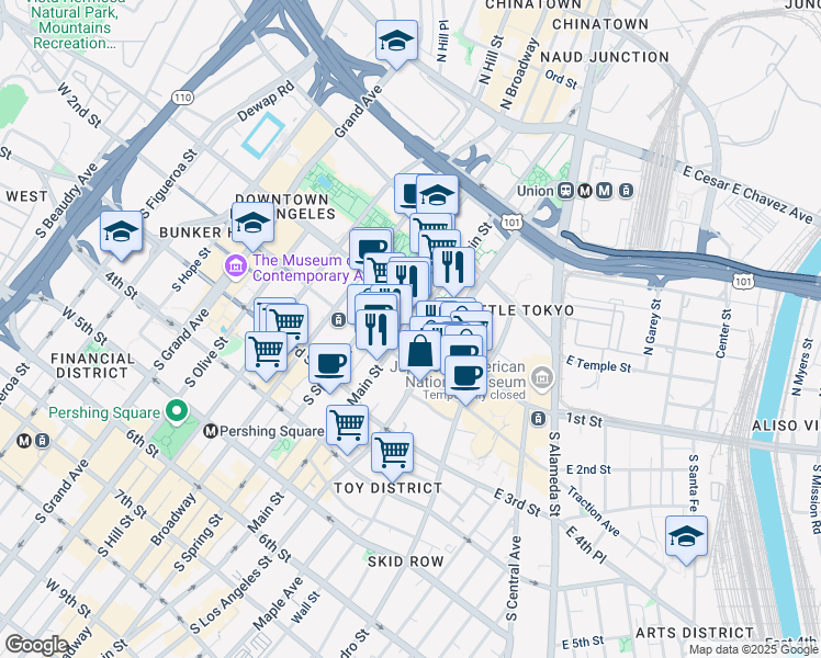 map of restaurants, bars, coffee shops, grocery stores, and more near 120 South Main Street in Los Angeles