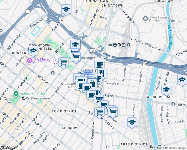 map of restaurants, bars, coffee shops, grocery stores, and more near 352 East Temple Street in Los Angeles