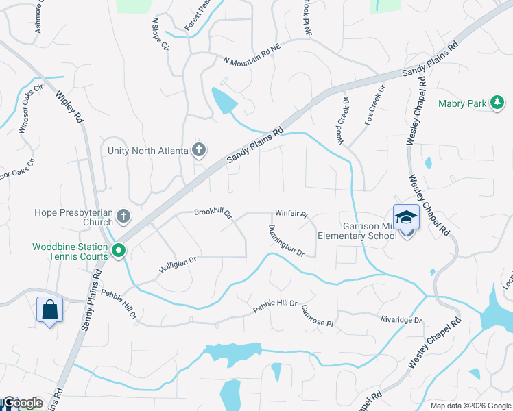 map of restaurants, bars, coffee shops, grocery stores, and more near 3451 Winfair Pl in Marietta