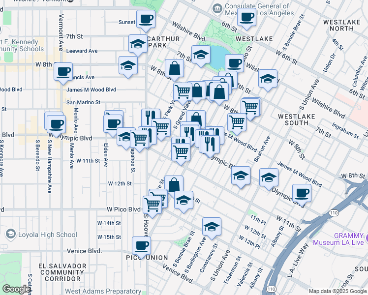 map of restaurants, bars, coffee shops, grocery stores, and more near 2140 West Olympic Boulevard in Los Angeles