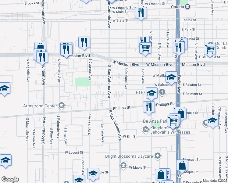 map of restaurants, bars, coffee shops, grocery stores, and more near 652 W Belmont St in Ontario