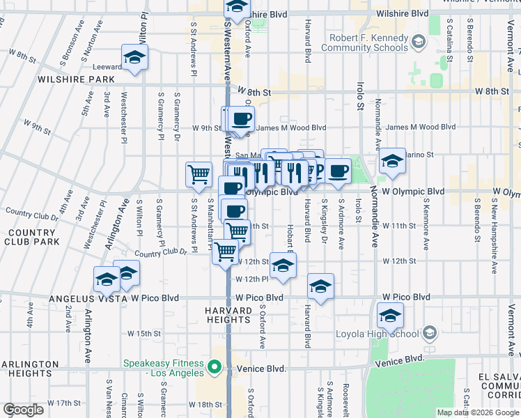 map of restaurants, bars, coffee shops, grocery stores, and more near 1026 South Oxford Avenue in Los Angeles
