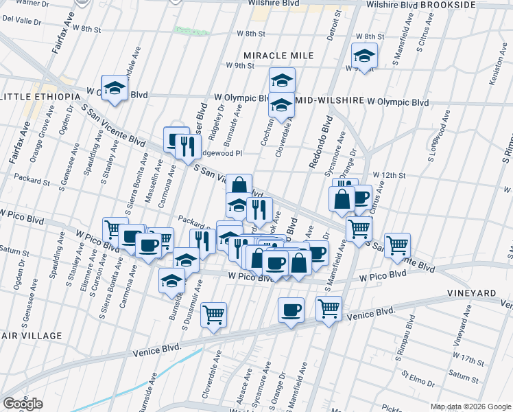 map of restaurants, bars, coffee shops, grocery stores, and more near 1265 Cloverdale Avenue in Los Angeles