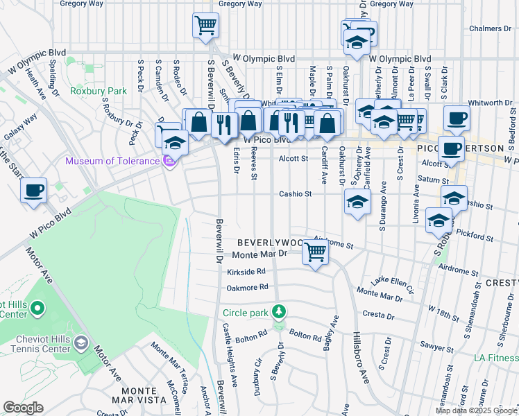 map of restaurants, bars, coffee shops, grocery stores, and more near 1524 Reeves Street in Los Angeles