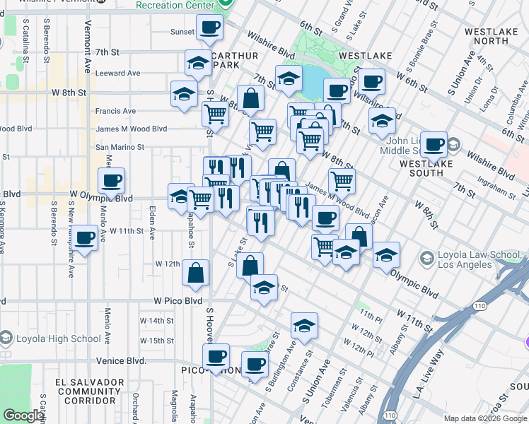 map of restaurants, bars, coffee shops, grocery stores, and more near in Los Angeles