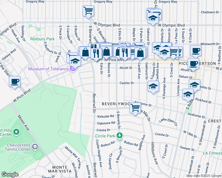map of restaurants, bars, coffee shops, grocery stores, and more near 1524 Reeves Street in Los Angeles