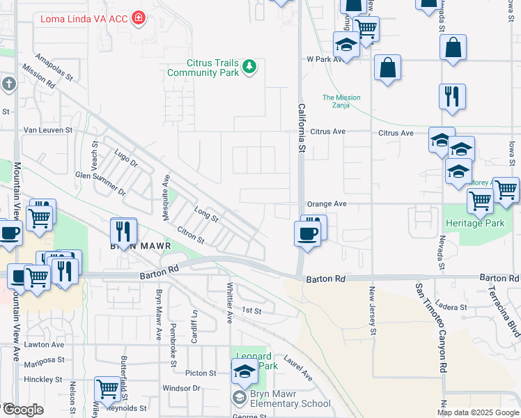 map of restaurants, bars, coffee shops, grocery stores, and more near 26358 Mission Road in Loma Linda