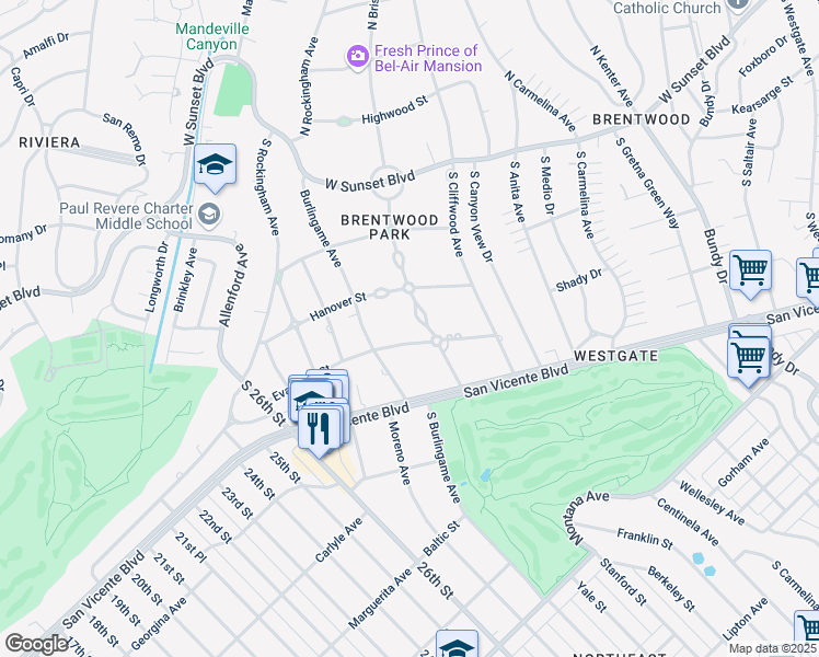 map of restaurants, bars, coffee shops, grocery stores, and more near 355 South Bristol Avenue in Los Angeles