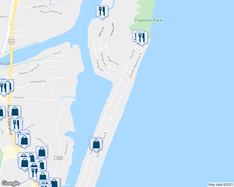 map of restaurants, bars, coffee shops, grocery stores, and more near 1403 Carolina Beach Avenue North in Carolina Beach