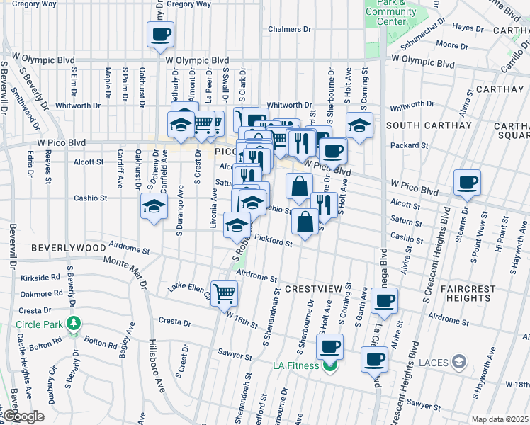 map of restaurants, bars, coffee shops, grocery stores, and more near 1509 South Wooster Street in Los Angeles