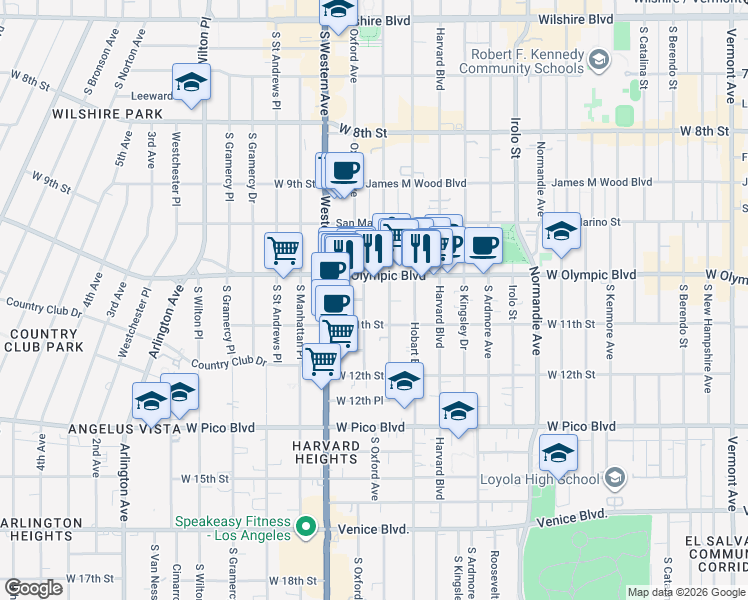 map of restaurants, bars, coffee shops, grocery stores, and more near 1026 South Oxford Avenue in Los Angeles