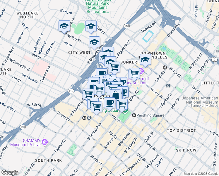 map of restaurants, bars, coffee shops, grocery stores, and more near 444 Flower Street in Los Angeles