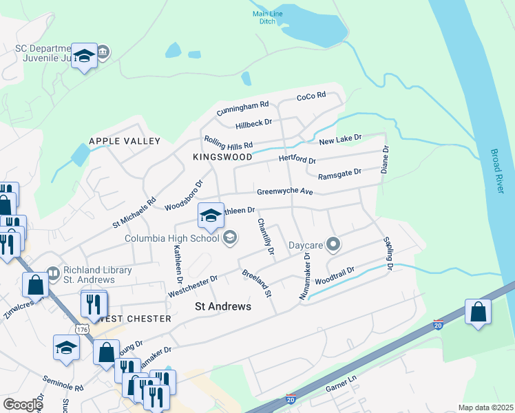 map of restaurants, bars, coffee shops, grocery stores, and more near 1835 Kathleen Drive in Columbia