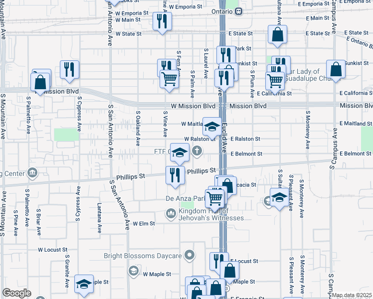 map of restaurants, bars, coffee shops, grocery stores, and more near 314 West Belmont Street in Ontario
