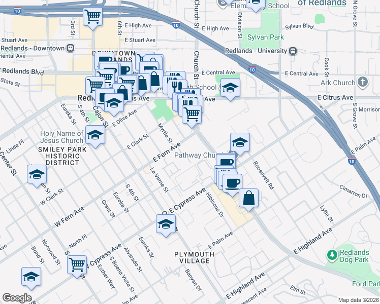 map of restaurants, bars, coffee shops, grocery stores, and more near 254 East Fern Avenue in Redlands