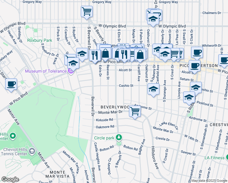 map of restaurants, bars, coffee shops, grocery stores, and more near 1525 South Beverly Drive in Los Angeles