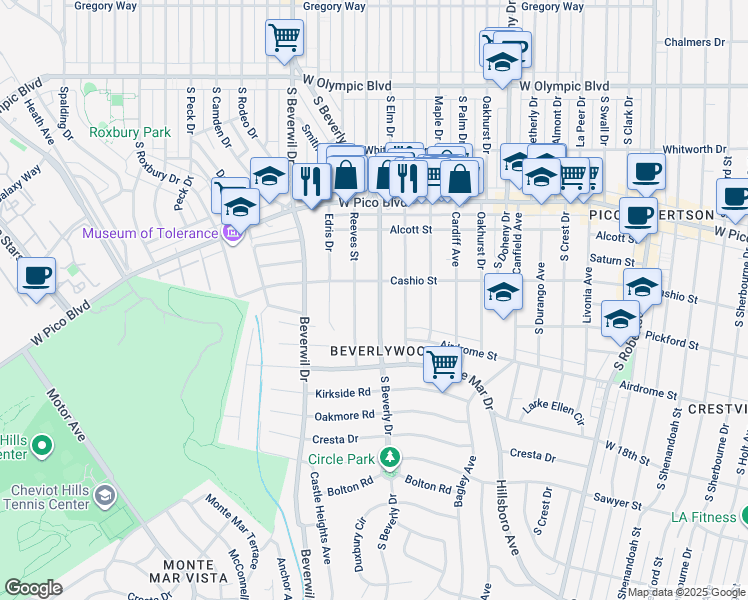 map of restaurants, bars, coffee shops, grocery stores, and more near 1525 South Beverly Drive in Los Angeles