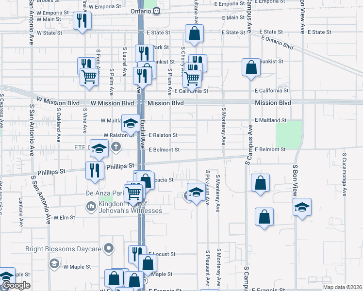 map of restaurants, bars, coffee shops, grocery stores, and more near 305 East Belmont Street in Ontario
