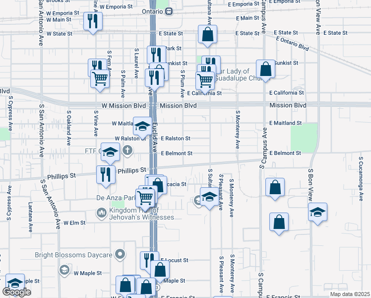 map of restaurants, bars, coffee shops, grocery stores, and more near 305 East Belmont Street in Ontario