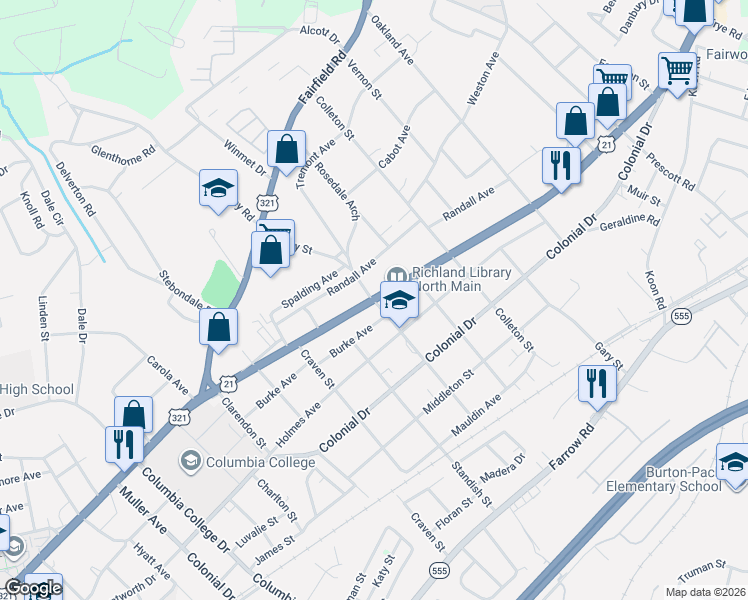 map of restaurants, bars, coffee shops, grocery stores, and more near North Main Street in Columbia