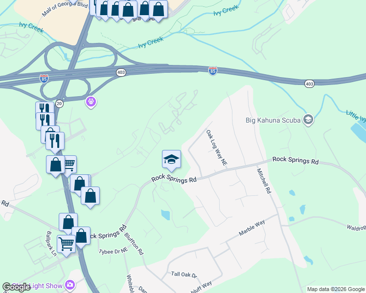 map of restaurants, bars, coffee shops, grocery stores, and more near 2740 Pine Log Way in Buford