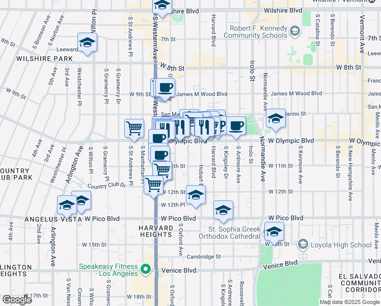 map of restaurants, bars, coffee shops, grocery stores, and more near 1039 South Serrano Avenue in Los Angeles