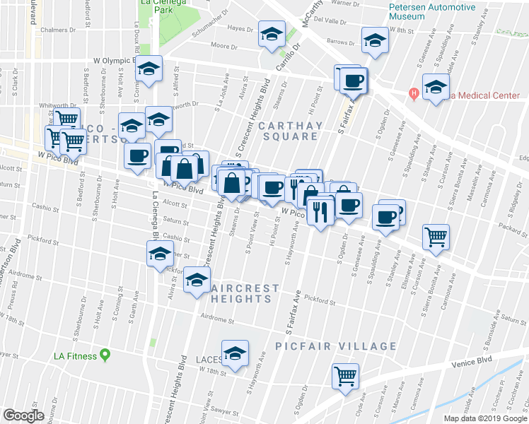 map of restaurants, bars, coffee shops, grocery stores, and more near in Los Angeles