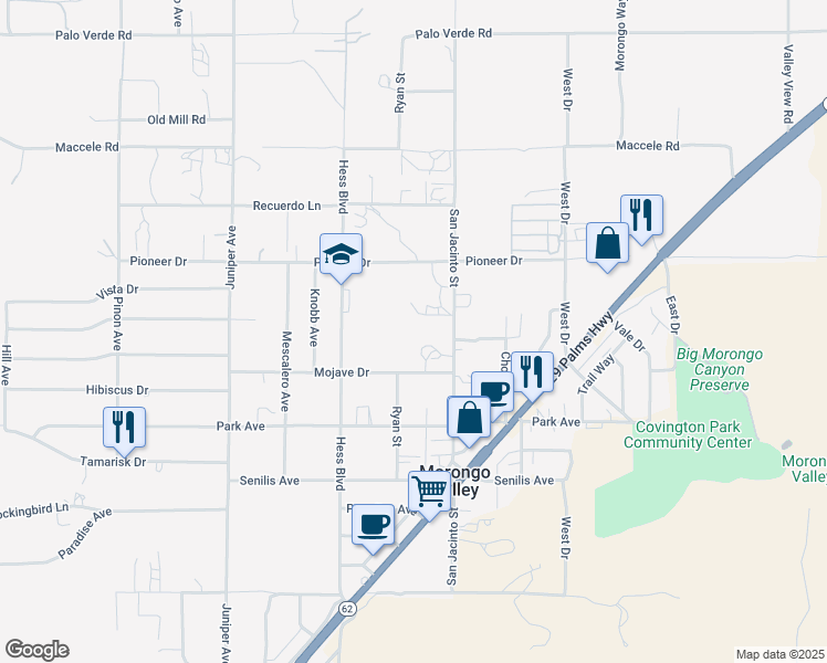 map of restaurants, bars, coffee shops, grocery stores, and more near 39625 Buena Vista Drive in Morongo Valley
