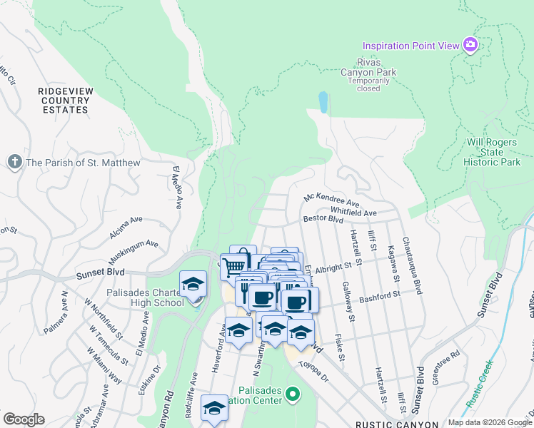 map of restaurants, bars, coffee shops, grocery stores, and more near 15291 Bestor Boulevard in Los Angeles