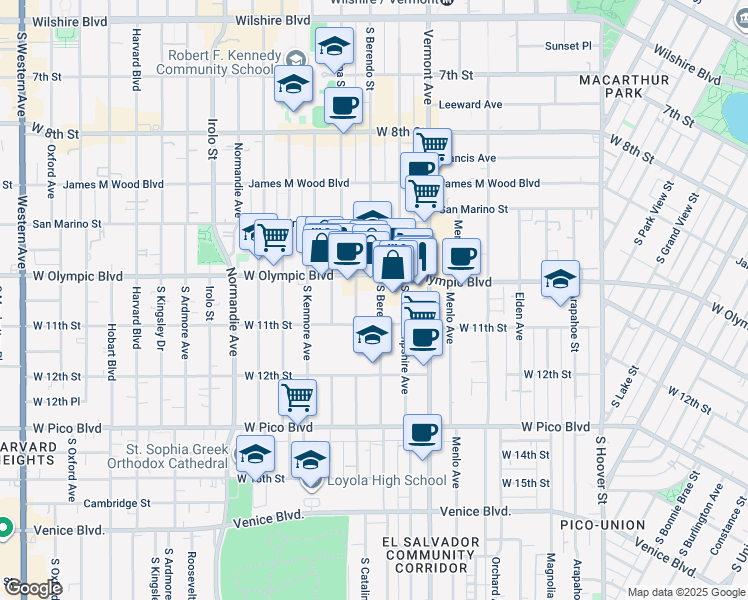 map of restaurants, bars, coffee shops, grocery stores, and more near 1035 South Berendo Street in Los Angeles