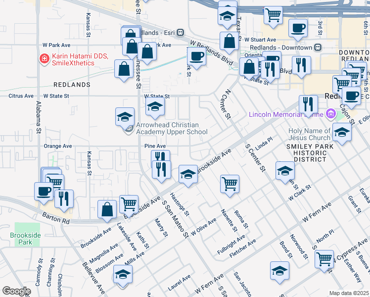map of restaurants, bars, coffee shops, grocery stores, and more near 1001 Pine Avenue in Redlands