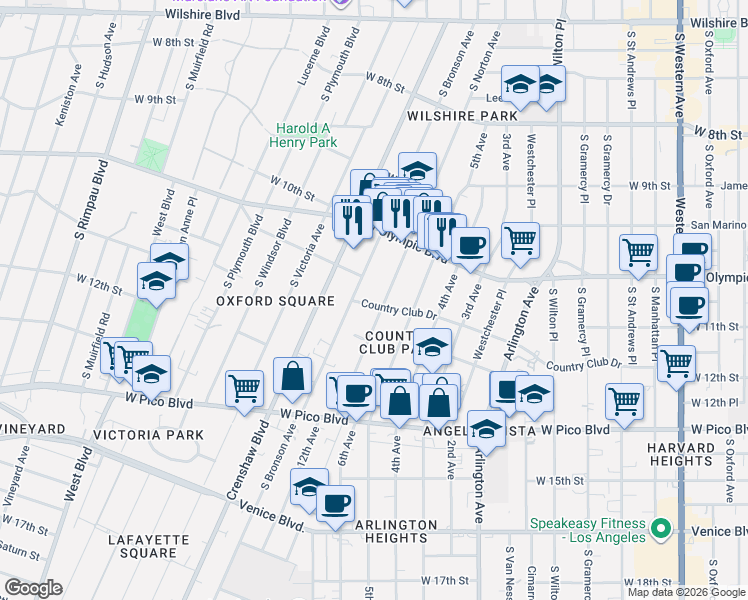 map of restaurants, bars, coffee shops, grocery stores, and more near 4011 Country Club Drive in Los Angeles