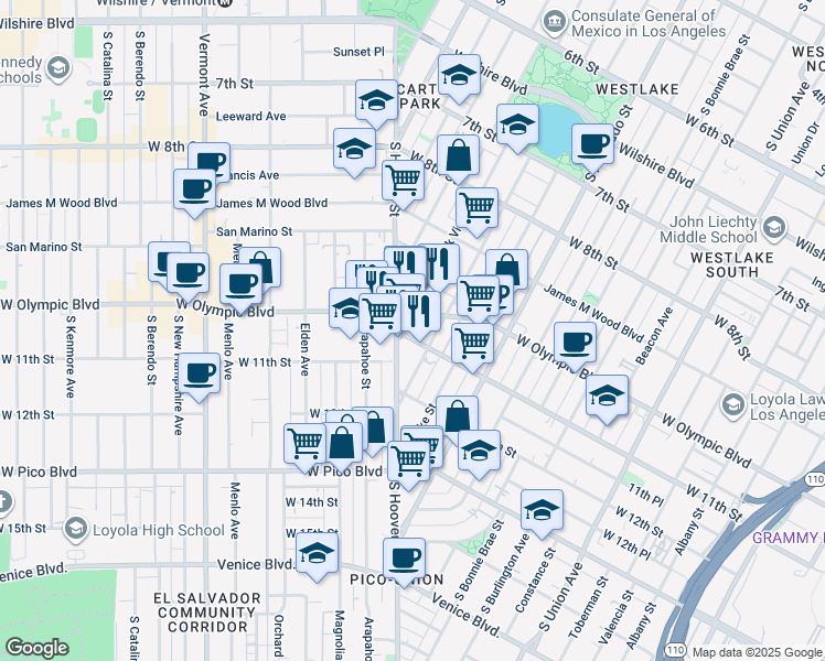 map of restaurants, bars, coffee shops, grocery stores, and more near 2323 West 11th Street in Los Angeles