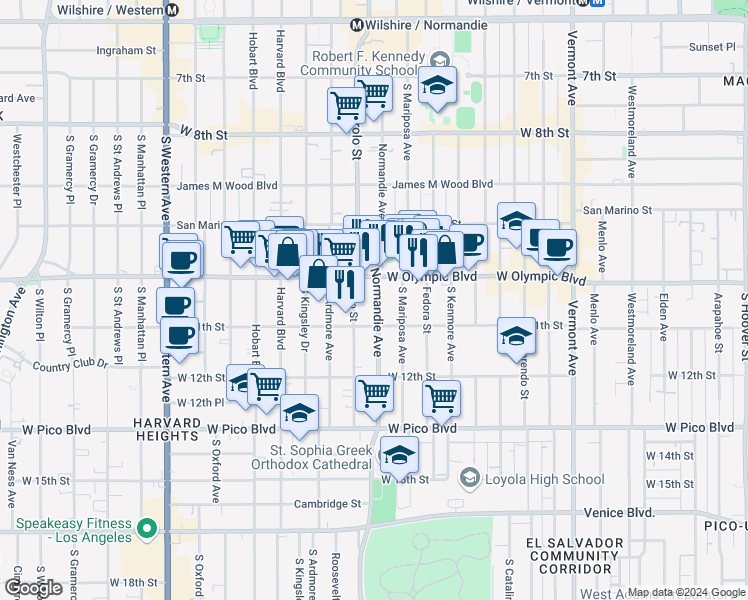 map of restaurants, bars, coffee shops, grocery stores, and more near 1029 Normandie Avenue in Los Angeles