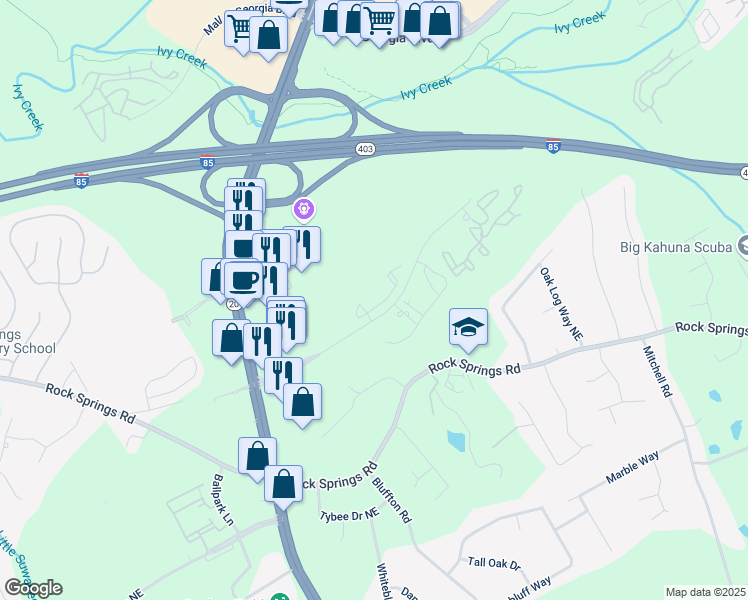 map of restaurants, bars, coffee shops, grocery stores, and more near 1500 Laurel Crossing Parkway Northeast in Buford