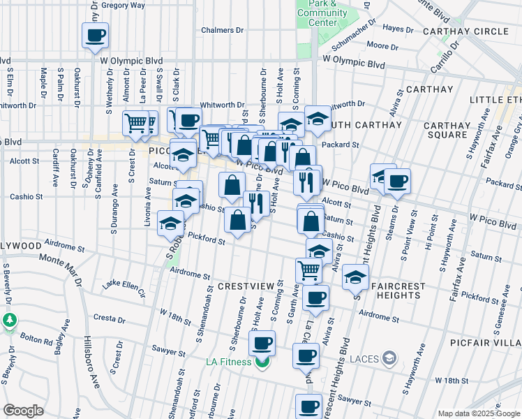 map of restaurants, bars, coffee shops, grocery stores, and more near 1470 South Sherbourne Drive in Los Angeles