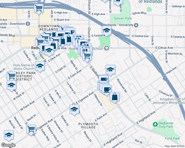 map of restaurants, bars, coffee shops, grocery stores, and more near 250 East Fern Avenue in Redlands