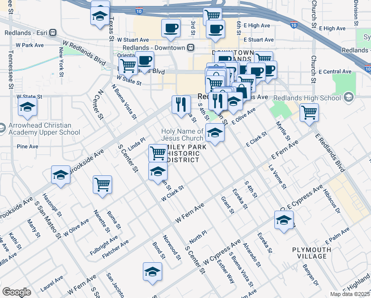 map of restaurants, bars, coffee shops, grocery stores, and more near in Redlands