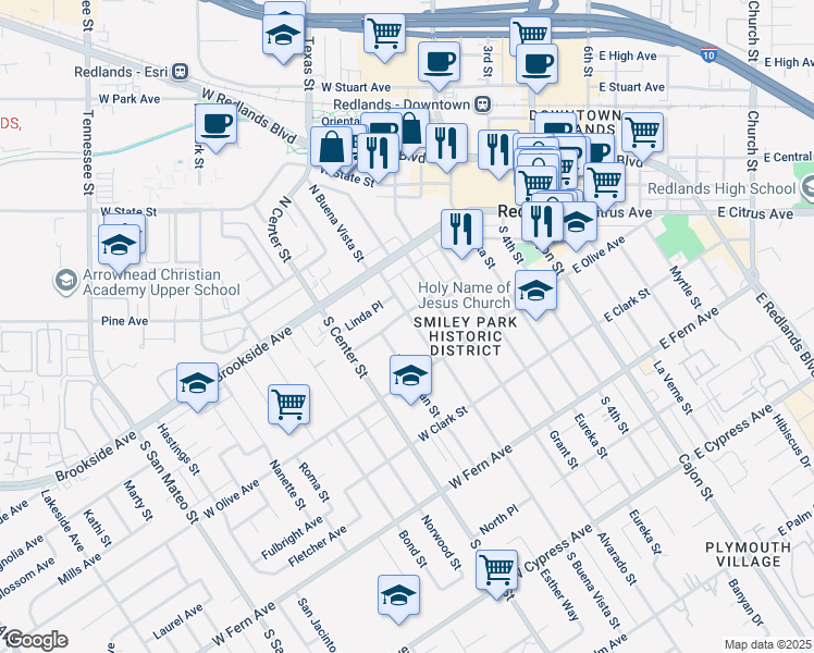 map of restaurants, bars, coffee shops, grocery stores, and more near 122 South Buena Vista Street in Redlands
