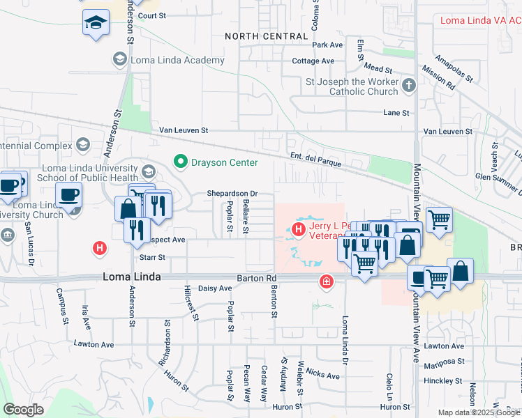 map of restaurants, bars, coffee shops, grocery stores, and more near 25251 La Mar Road in Loma Linda
