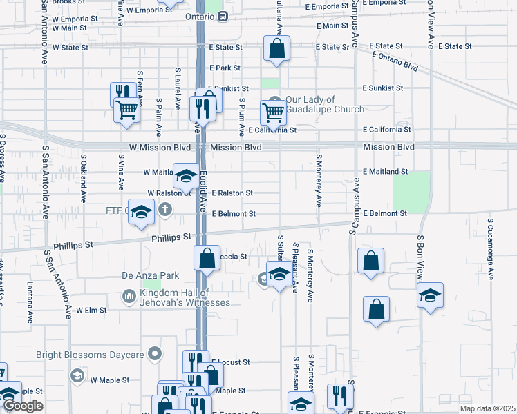 map of restaurants, bars, coffee shops, grocery stores, and more near 305 East Belmont Street in Ontario