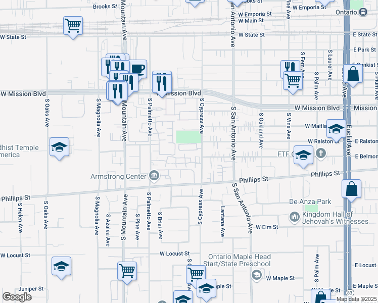 map of restaurants, bars, coffee shops, grocery stores, and more near 1220 South Cypress Avenue in Ontario